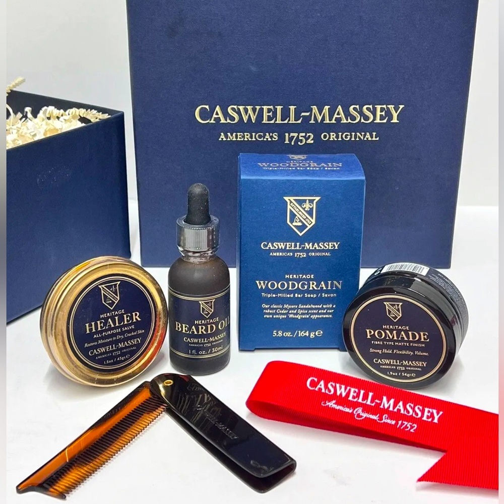 Caswell Massey Heritage 5 PC GROOMING GIFT SET : Beard Oil, Pomade, Salve, Soap